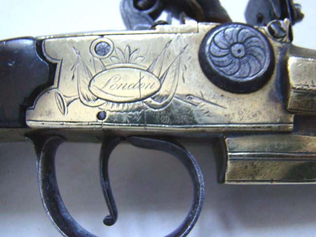 A RARE and possibly UNIQUE English Three-barrel Boxlock Flintlock Pistol by Samuel Oakes of London circa 1770 — image 4